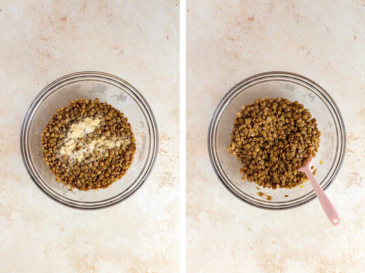 Set of two photos showing lentils seasoned.