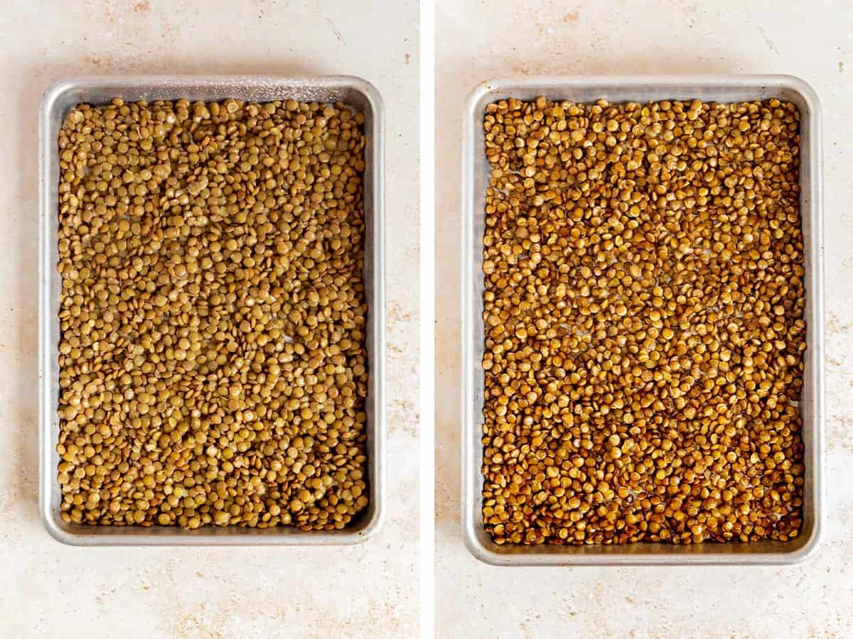 Set of two photos showing before and after the lentils are baked.