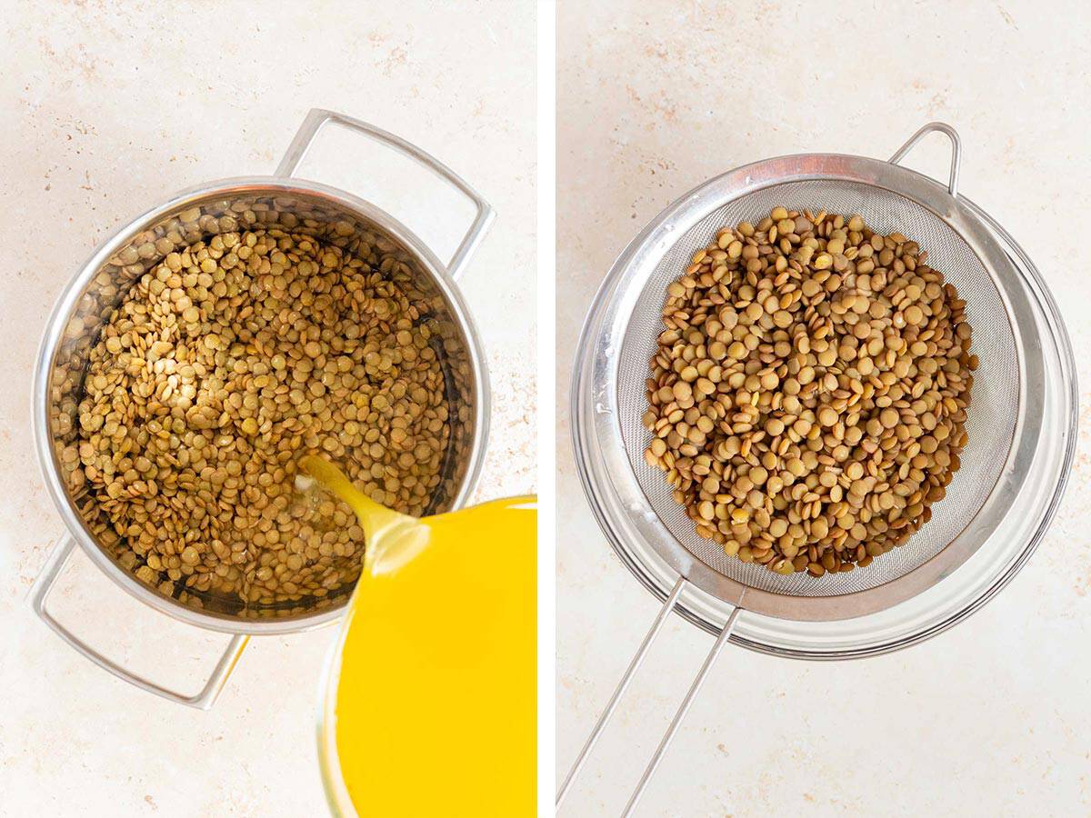 Set of two photos showing broth added to dried lentils and cooked before straining.