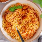 A bowl of ground chicken parmesan mixed with spaghetti with a fork twirled around the noodles. Basil leaves garnished on top.