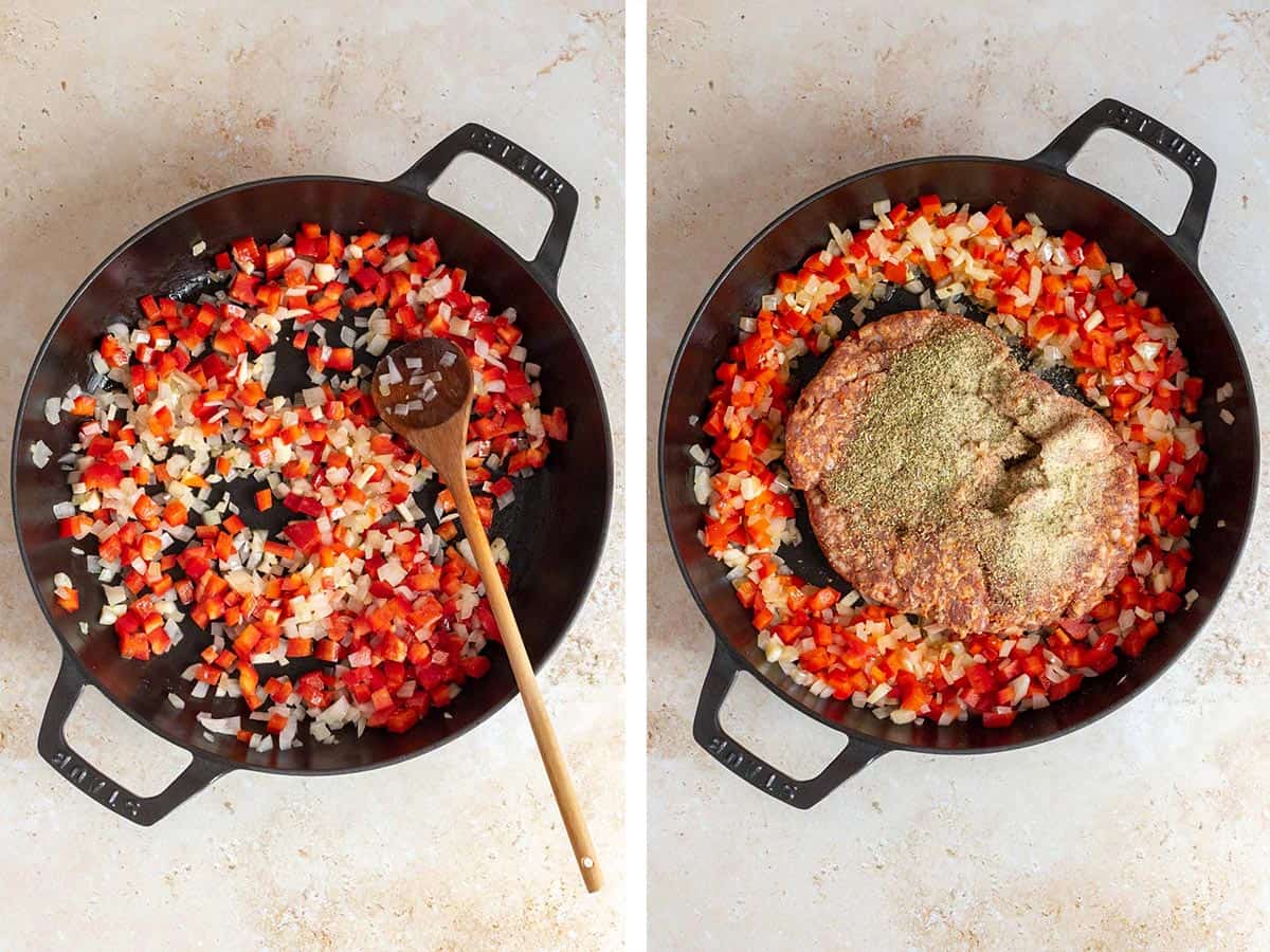 Set of two photos showing aromatics cooked in a skillet and then ground Italian sausage and seasoning added.