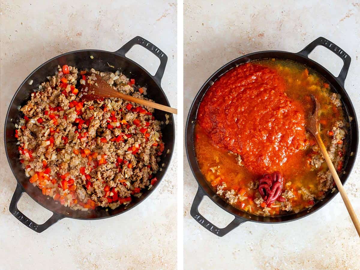 Set of two photos showing Italian sausage cooked in the skillet and then marinara sauce, broth, and tomato paste added.