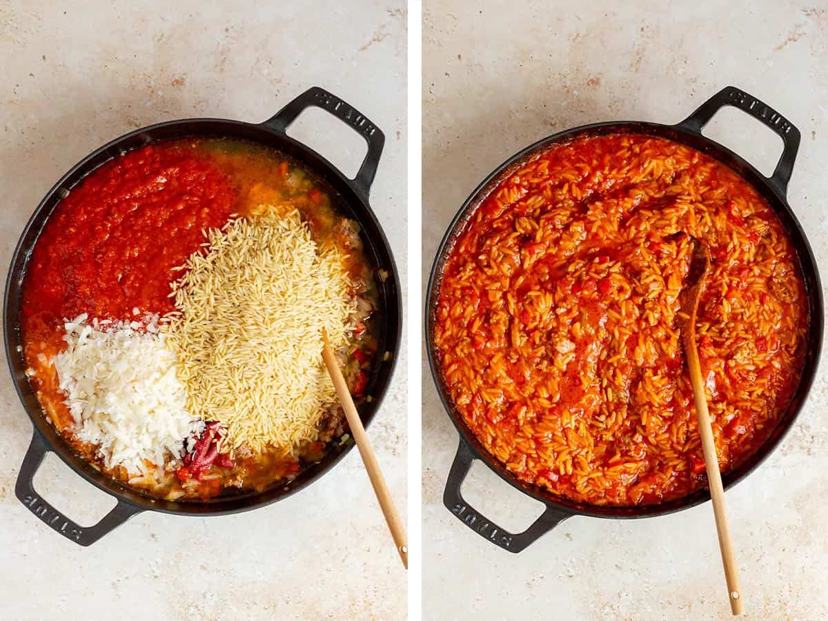 Set of two photos showing orzo and parmesan added to the skillet and everything simmered.