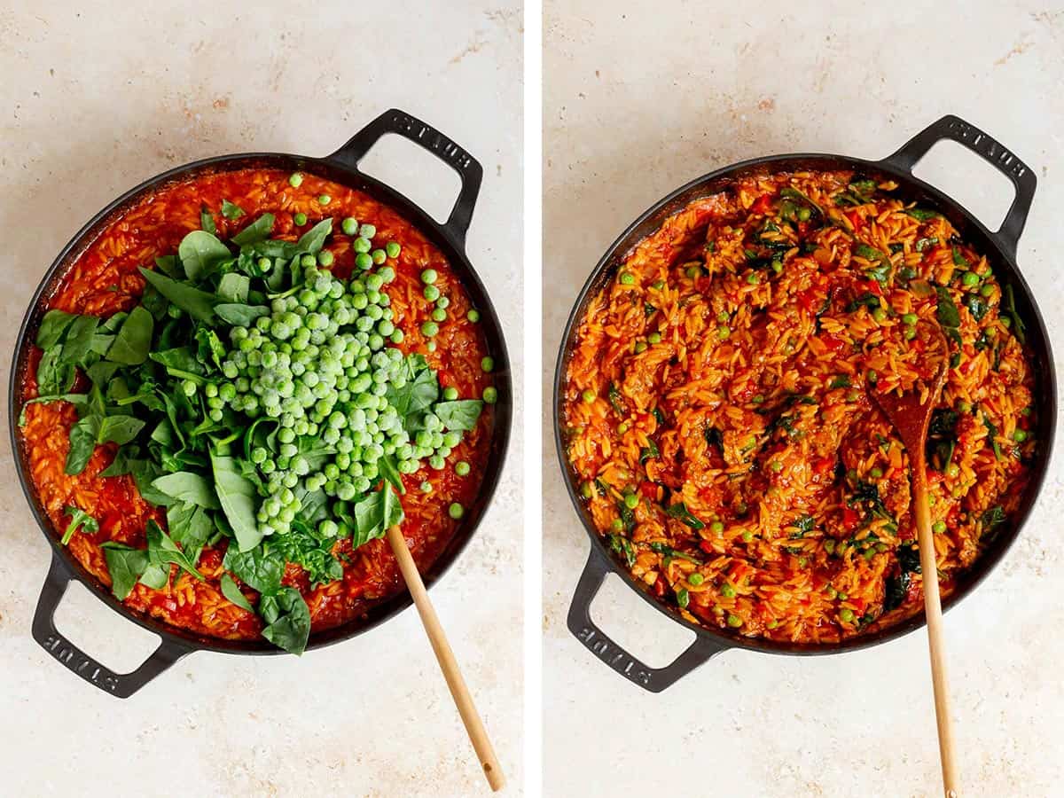 Set of two photos showing spinach and peas added to the skillet and turned well to combine.