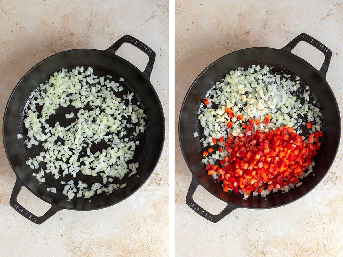 Set of two photos showing onions, garlic, and pepper in a skillet.