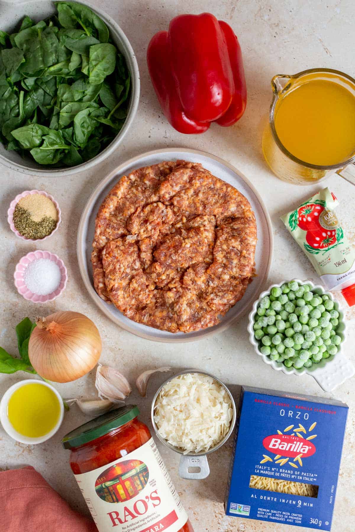 Ingredients needed to make sausage orzo.
