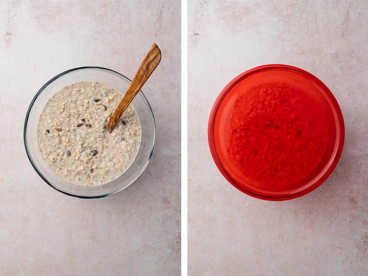 Set of two photos showing cinnamon raisin overnight oats stirred together in a bowl and covered with a lid.