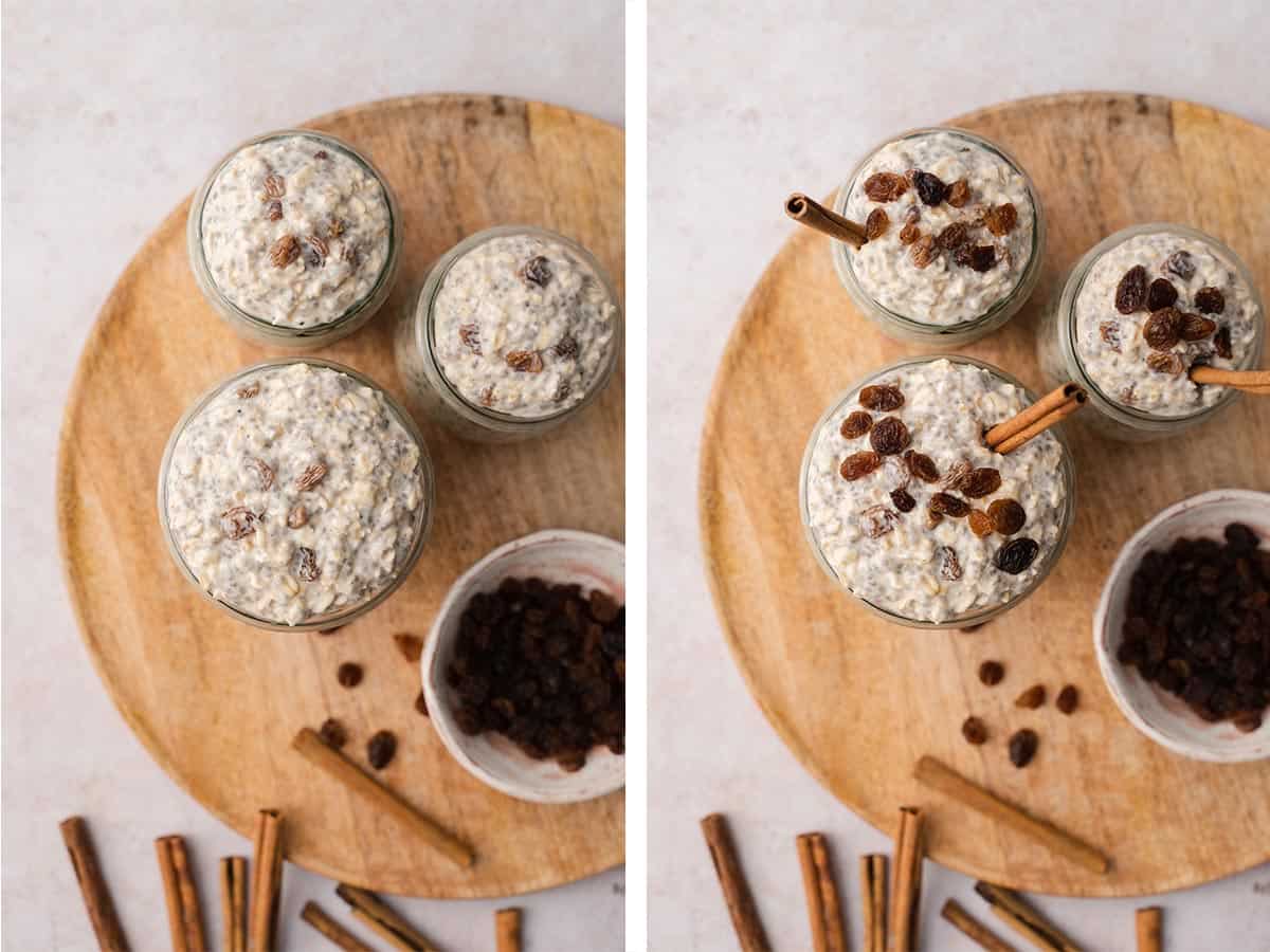 Overhead view of three jarsmof cinnamon raisin overnight oats before and after topping with raisins.