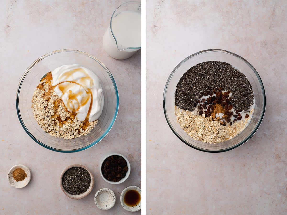Set of two photos showing cinnamon raisin overnight oats ingredients added to a bowl.