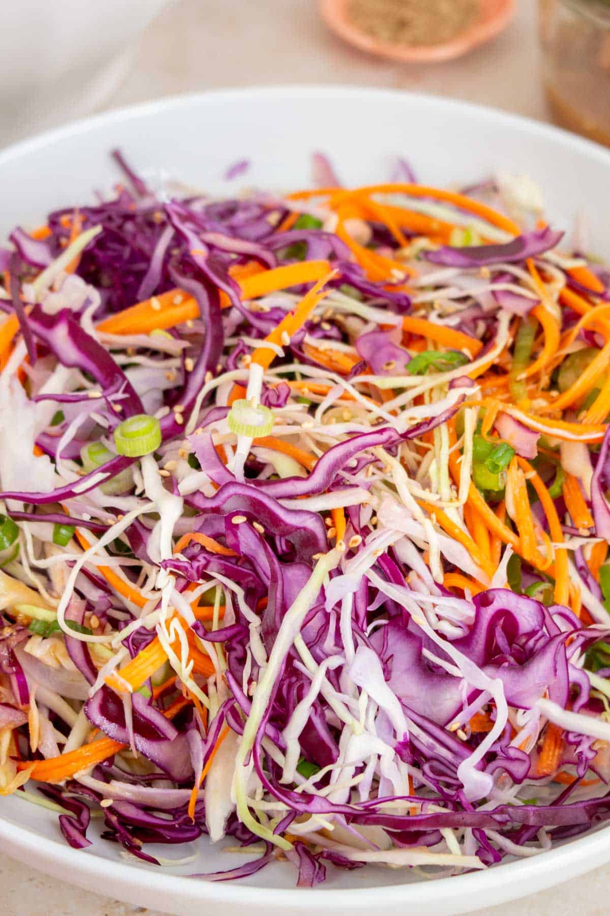 Angled view of a large plate of asian coleslaw.
