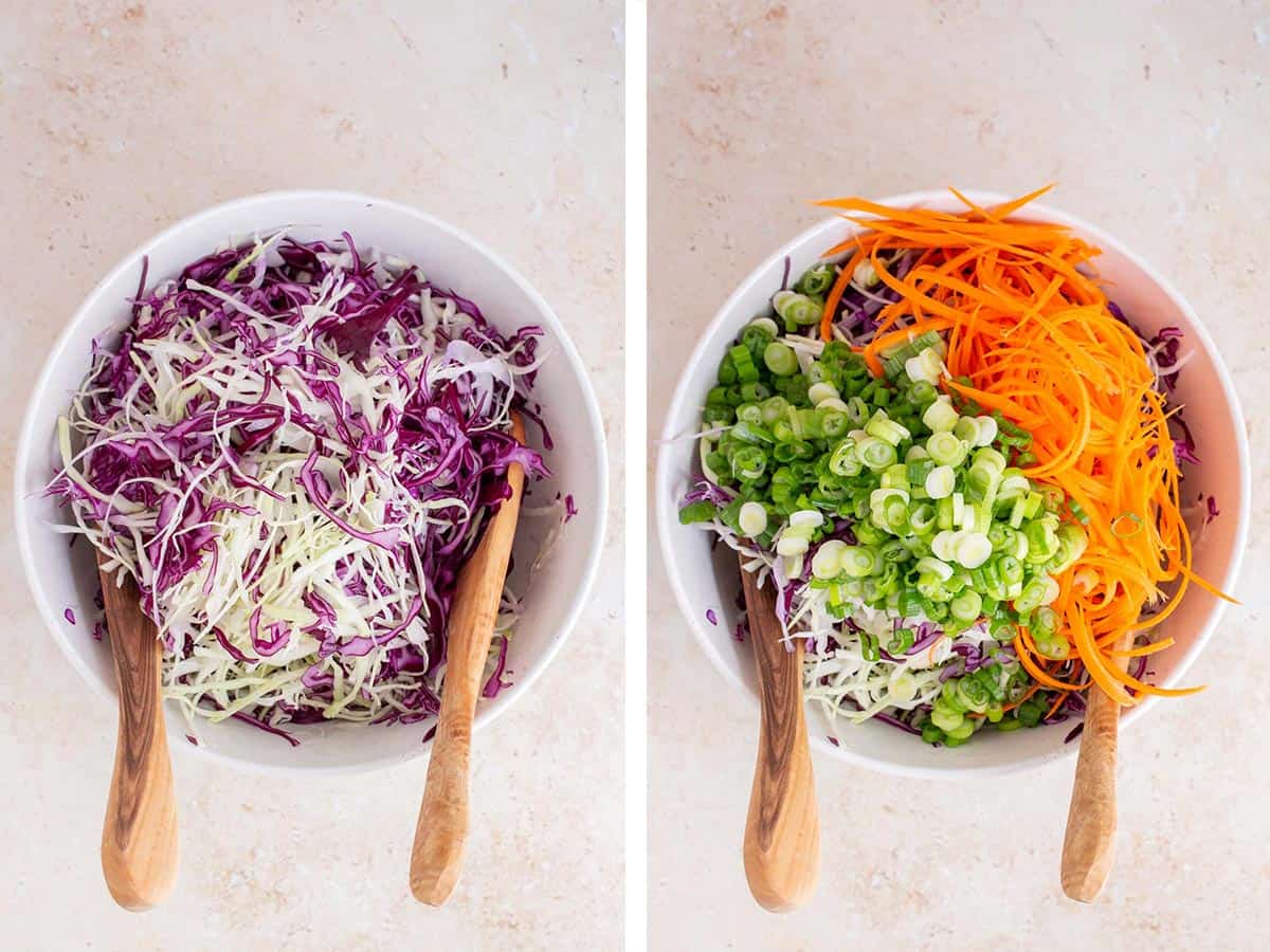 Set of two photos showing the two cabbages tossed and then shredded carrots and chopped green onions added on top.