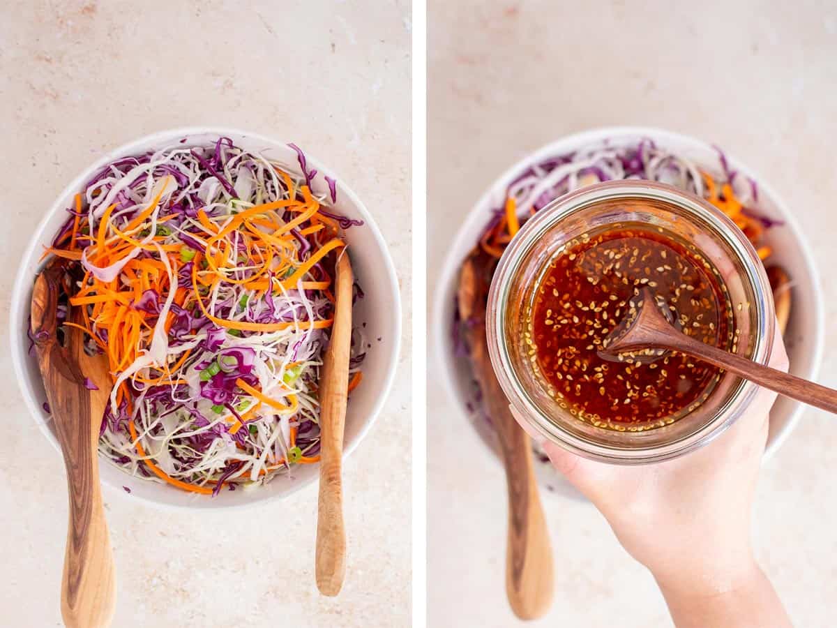 Set of two photos showing slaw ingredients tossed to combine and miso sesame salad dressing held in front.