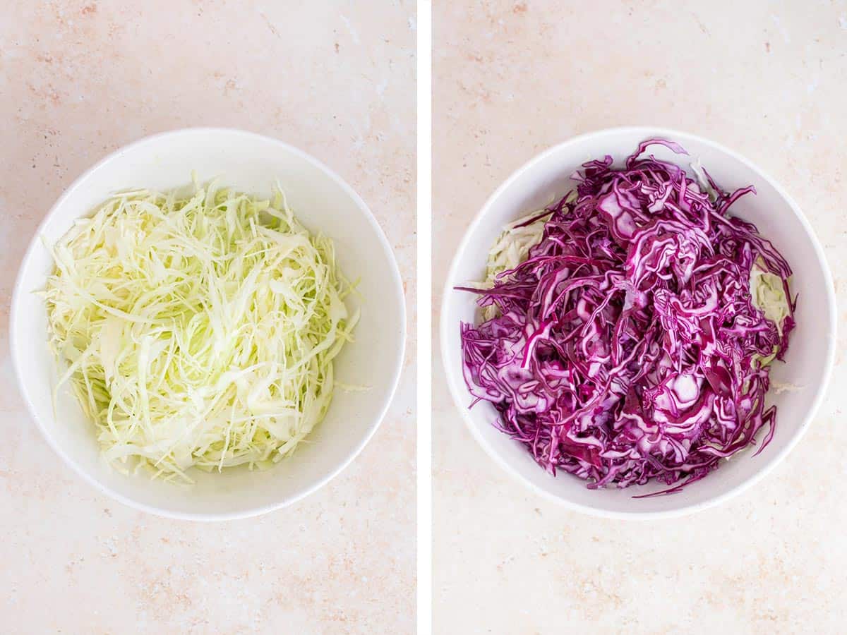 Set of two photos showing shredded cabbage and shredded red cabbage added to a bowl.
