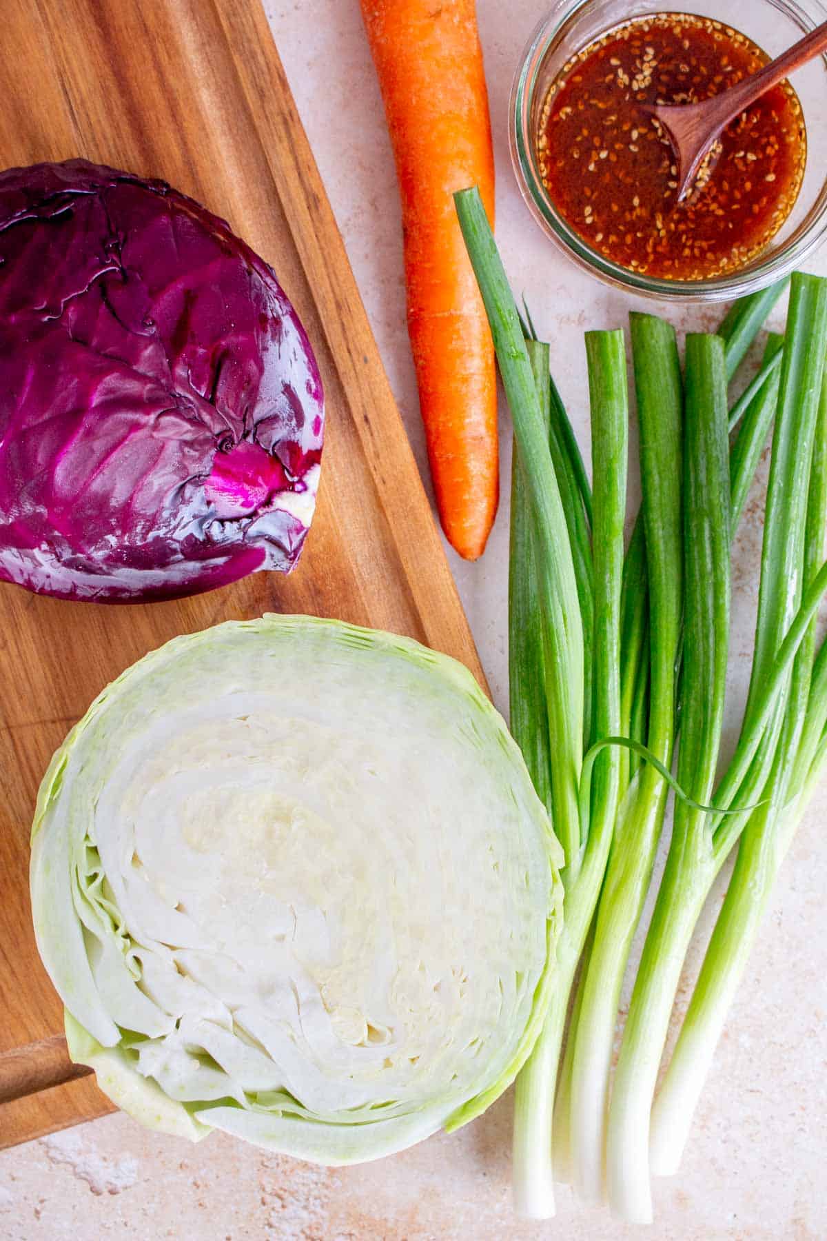 Ingredients needed to make asian coleslaw.