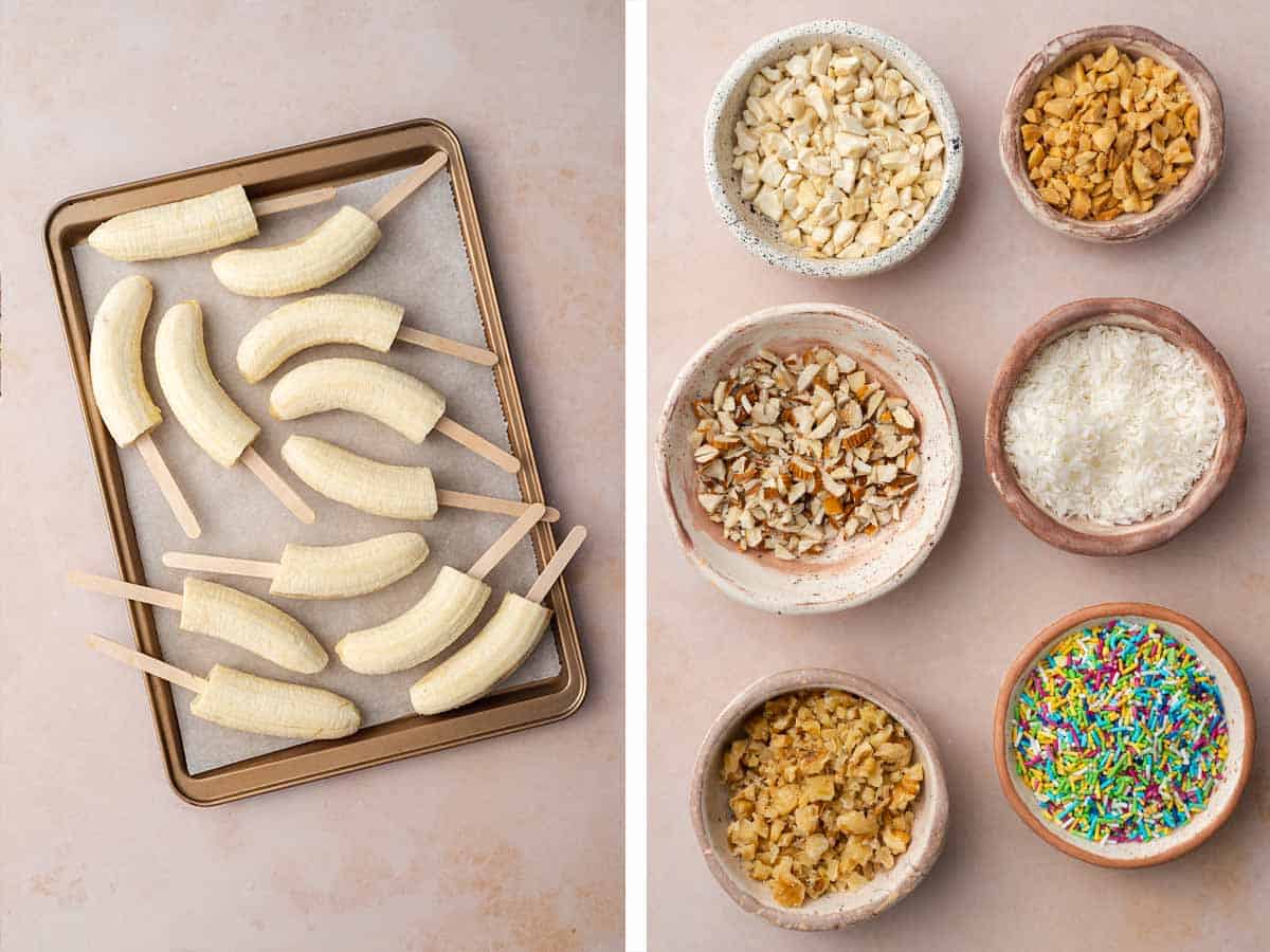 Set of two photos showing bananas added to a lined sheet pan to freeze and toppings placed in bowls.