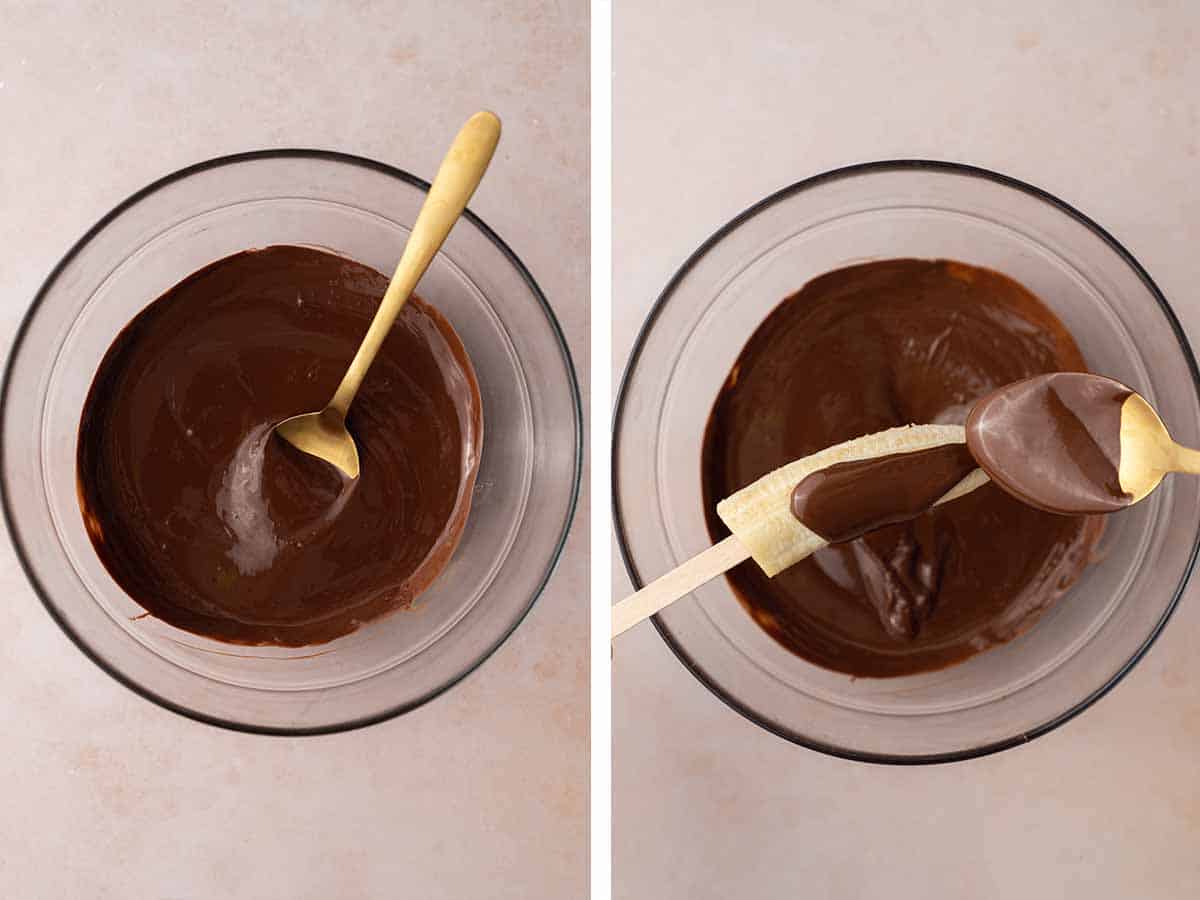 Set of two photos showing chocolate melted in a bowl and spooned over the frozen bananas.