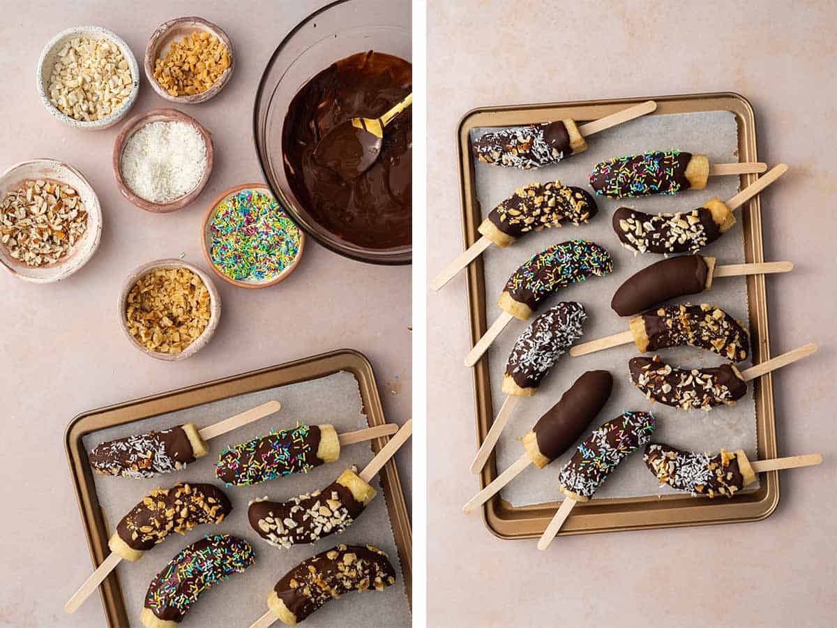 Set of two photos showing the chocolate covered banana pops coated in toppings and placed back on the sheet pan to freeze.