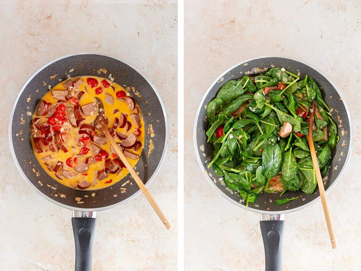 Set of two photos showing half and half, pasta water, and spinach added to the skillet.