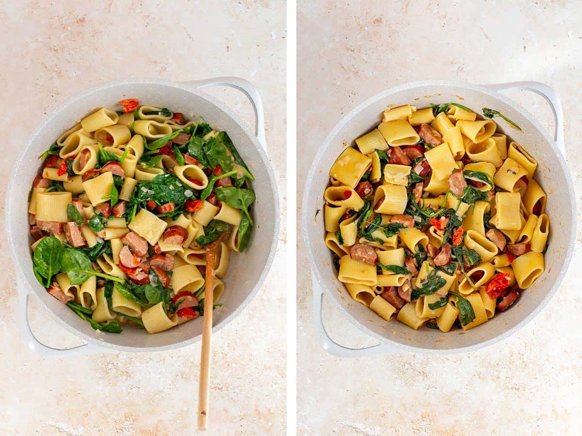 Set of two photos showing ingredients added to a pot of pasta and tossed to combine with parmesan.