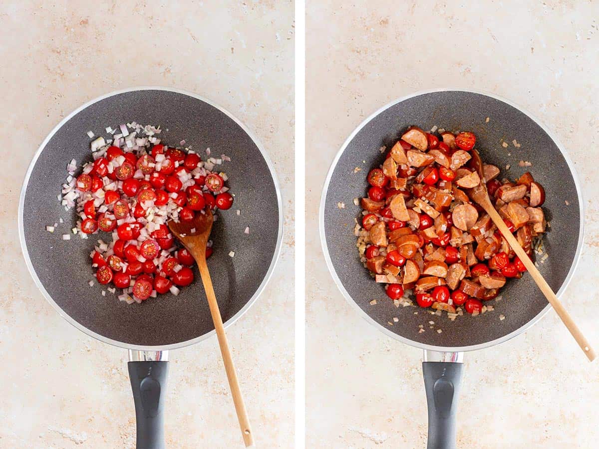 Set of two photos showing shallots, cherry tomatoes, and chorizo added to a skillet.