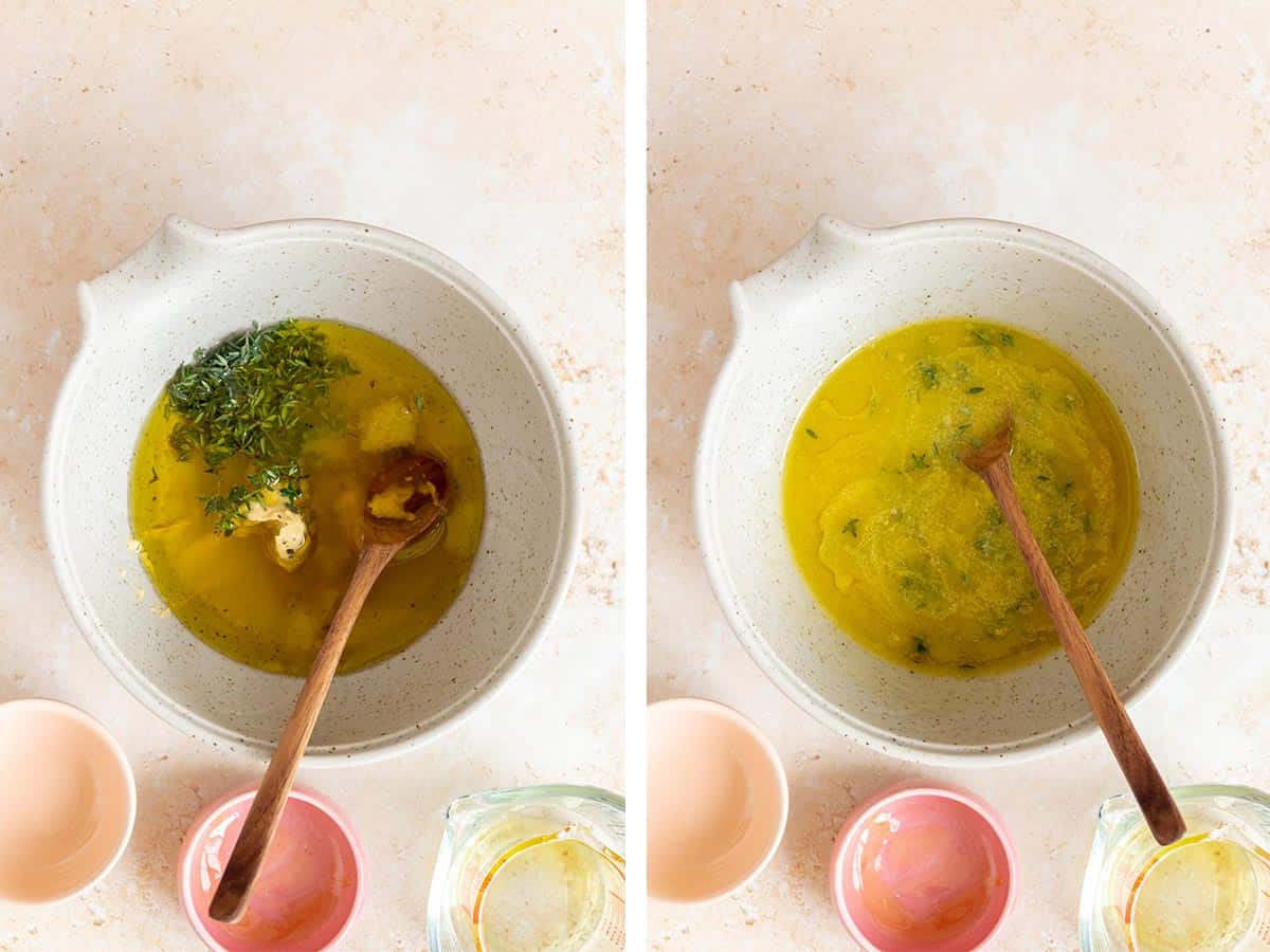 Set of two photos showing ingredients for the vinaigrette added to a bowl and mixing to combine.