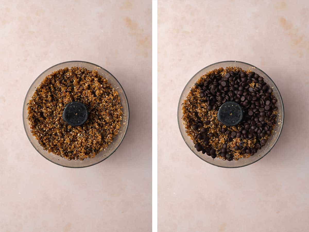 Set of two photos showing the ingredients after being processed and mini chocolate chips added.