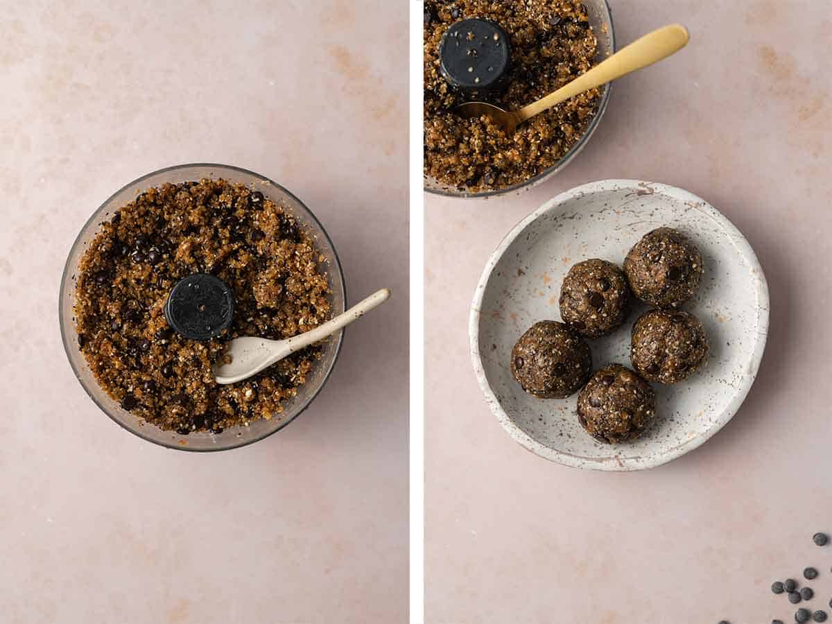 Set of two photos showing the ingredients stirred together then rolled into balls.