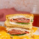 A turkey melt cut in half and stacked on top of each other surrounded by chips in a plate.