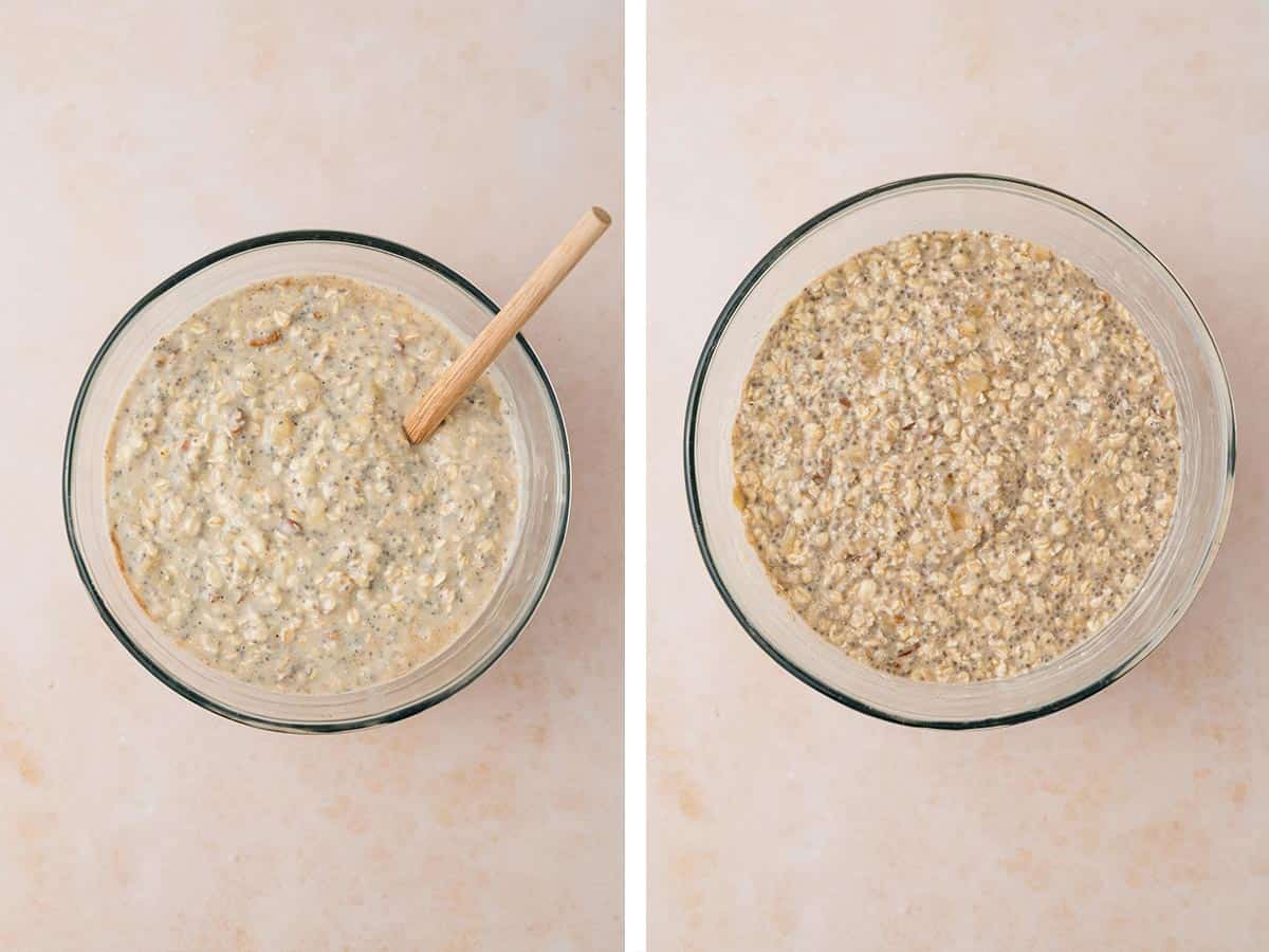 Set of two photos showing all the ingredients stirred and set overnight.