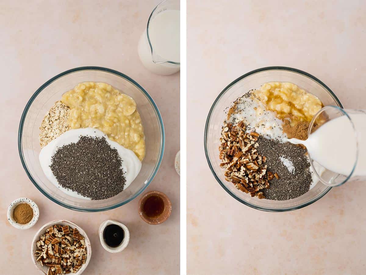 Set of two photos showing all the ingredients added to a bowl.