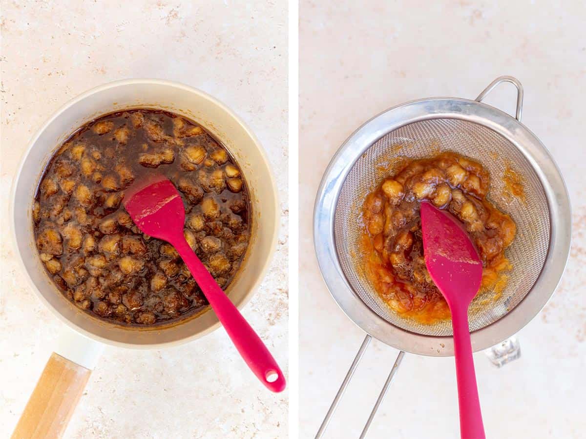 Set of two photos showing banana slices mashed in the liquid and then strain.