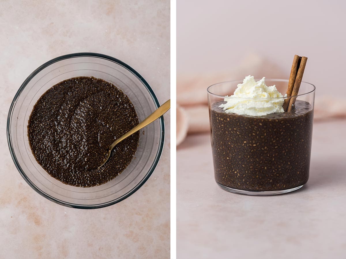 Set of two photos showing the chia pudding set in a bowl and added to a glass.