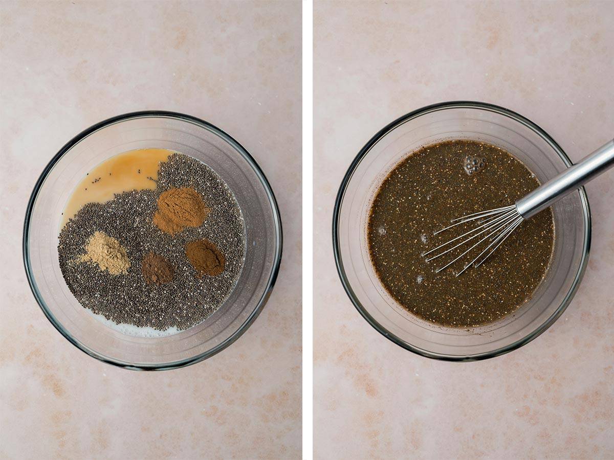 Set of two photos showing all the ingredients added to a bowl and whisked together.