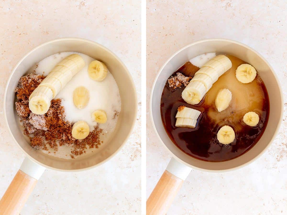 Set of two photos showing brown sugar, white sugar, banana slices and water added to a saucepan.