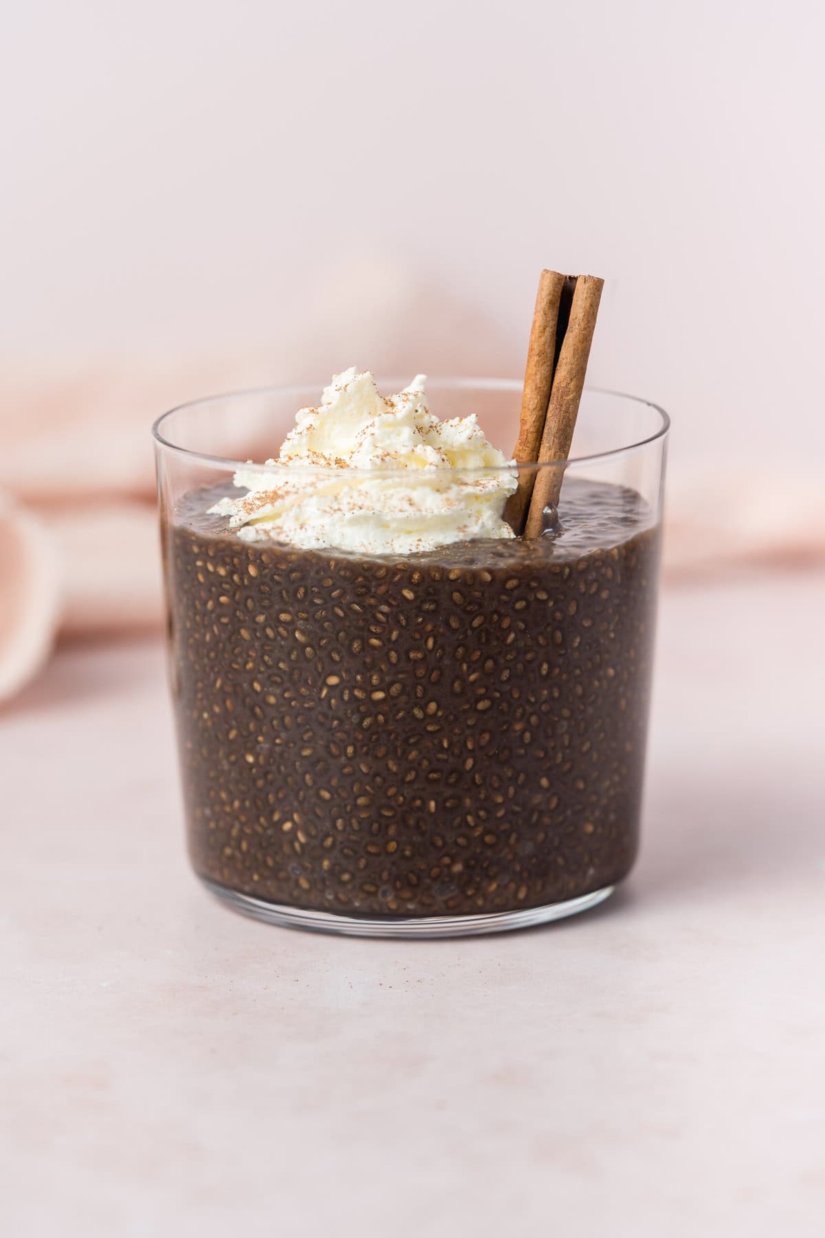 A glass of gingerbread chia pudding topped with whipped cream, a cinnamon stick, and a dusting of cinnamon powder.