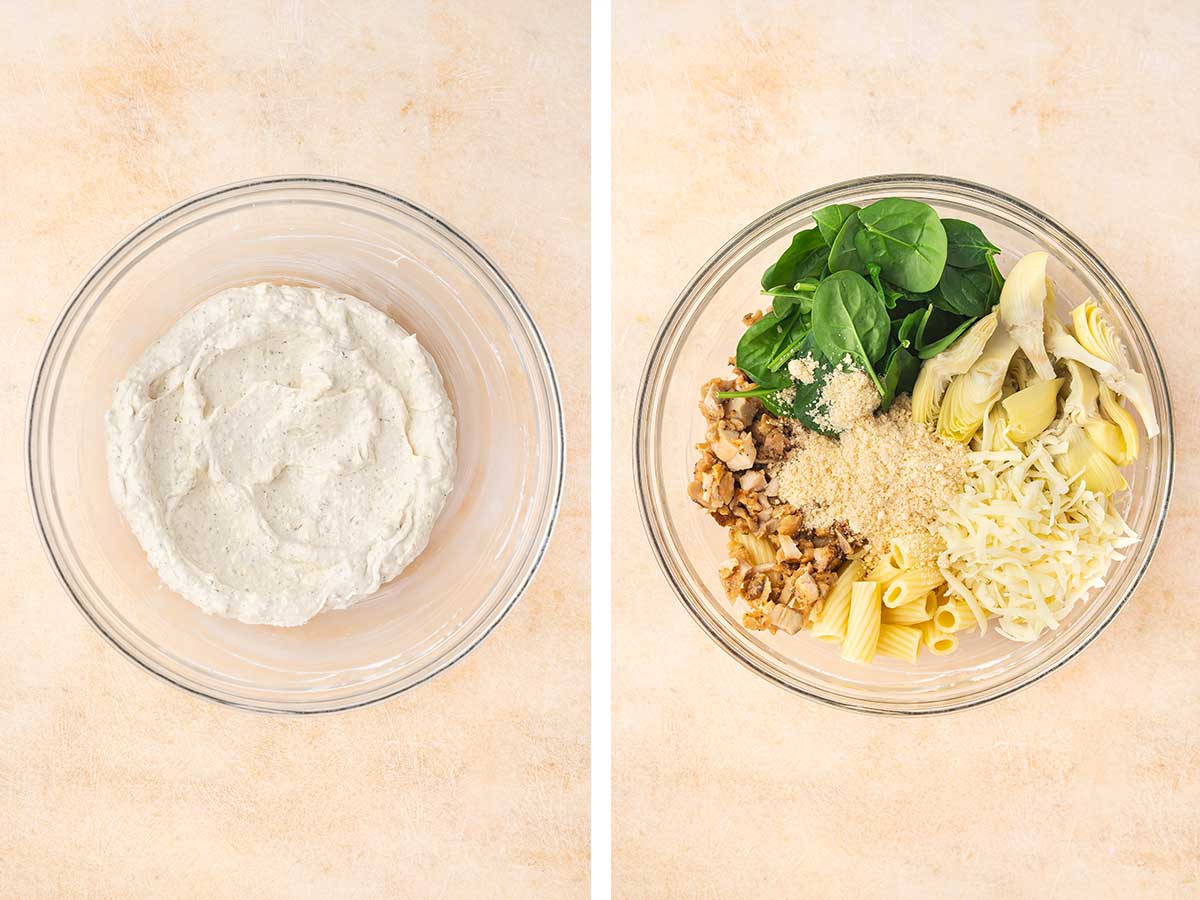 Set of two photos showing sauce mixed and chicken, pasta, cheeses, artichokes, and spinach leaves added to the bowl.