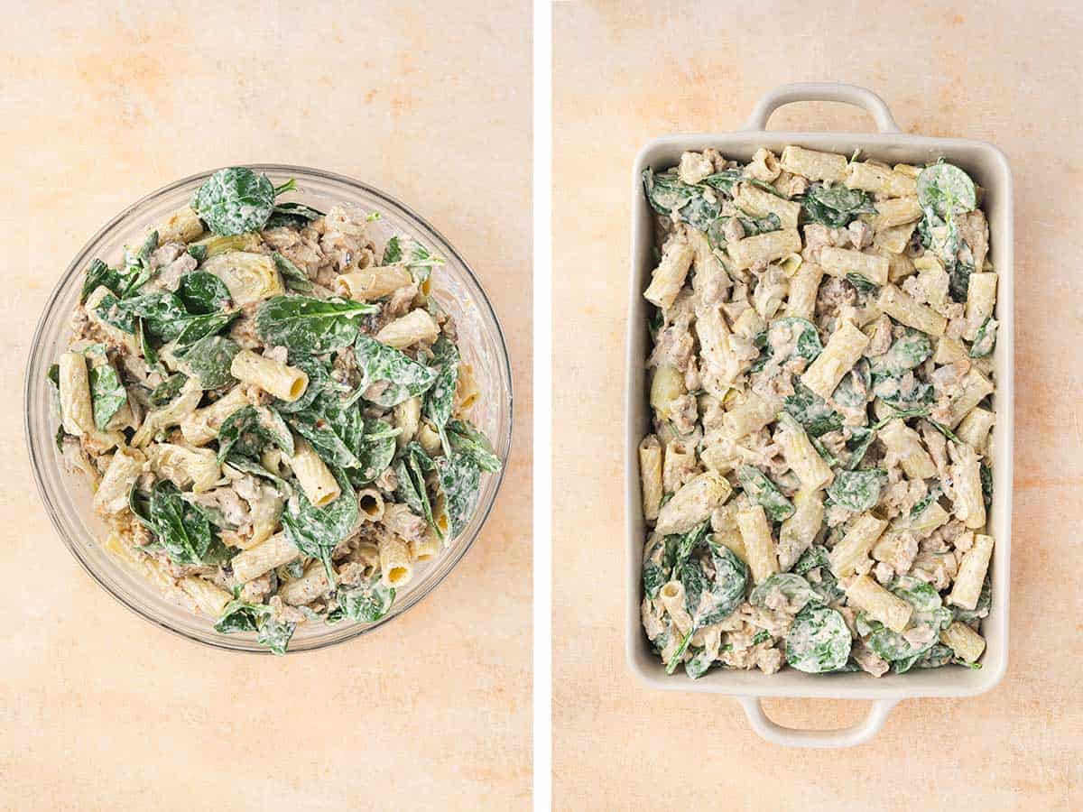 Set of two photos showing everything coated in the sauce before transferred to a large baking dish.