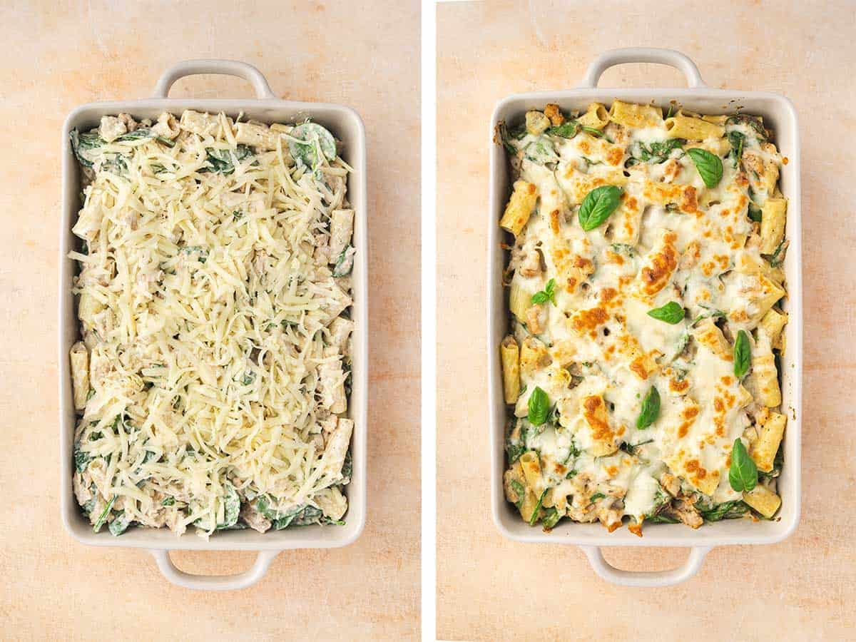 Set of two photos showing a later of mozzarella cheese added on top of the pasta bake and then baked until golden.