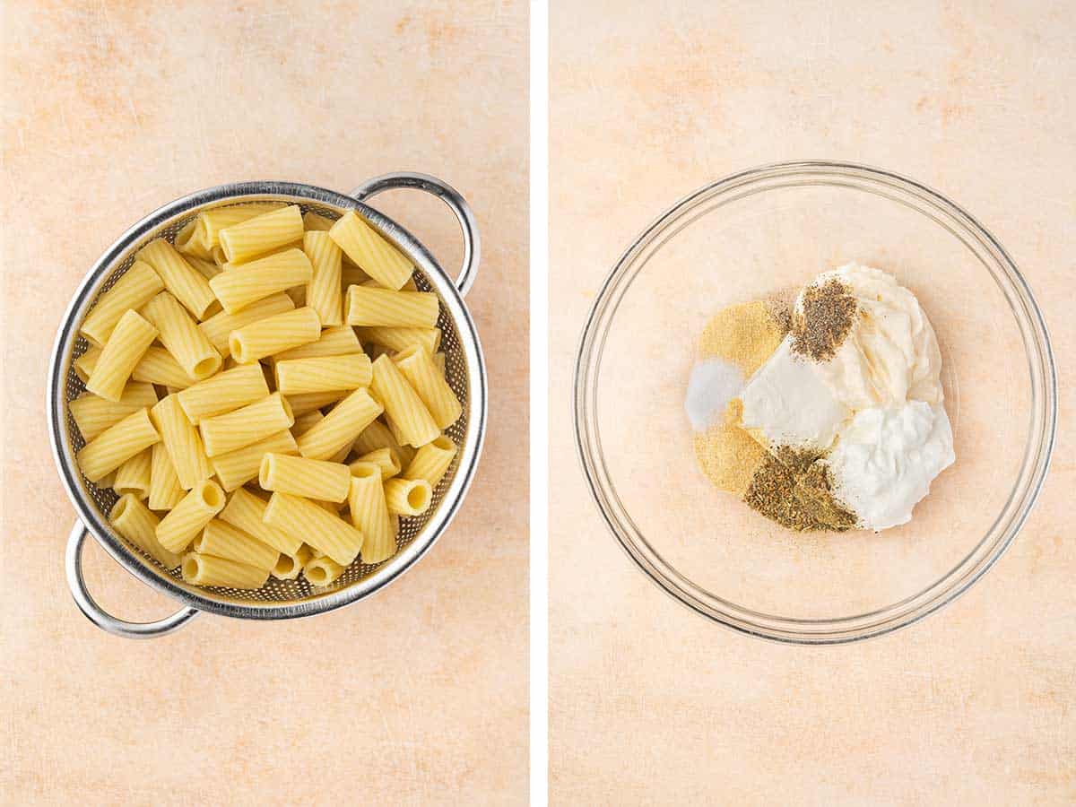 Set of two photos showing cooked rigatoni pasta strained in a colander and sauce ingredients added to a bowl.