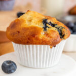 A cottage cheese blueberry muffin in a white liner on a coaster. Blueberries scattered around.