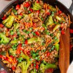 Overhead view of a skillet of ground turkey teriyaki.