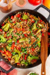 Overhead view of a skillet of ground turkey teriyaki.