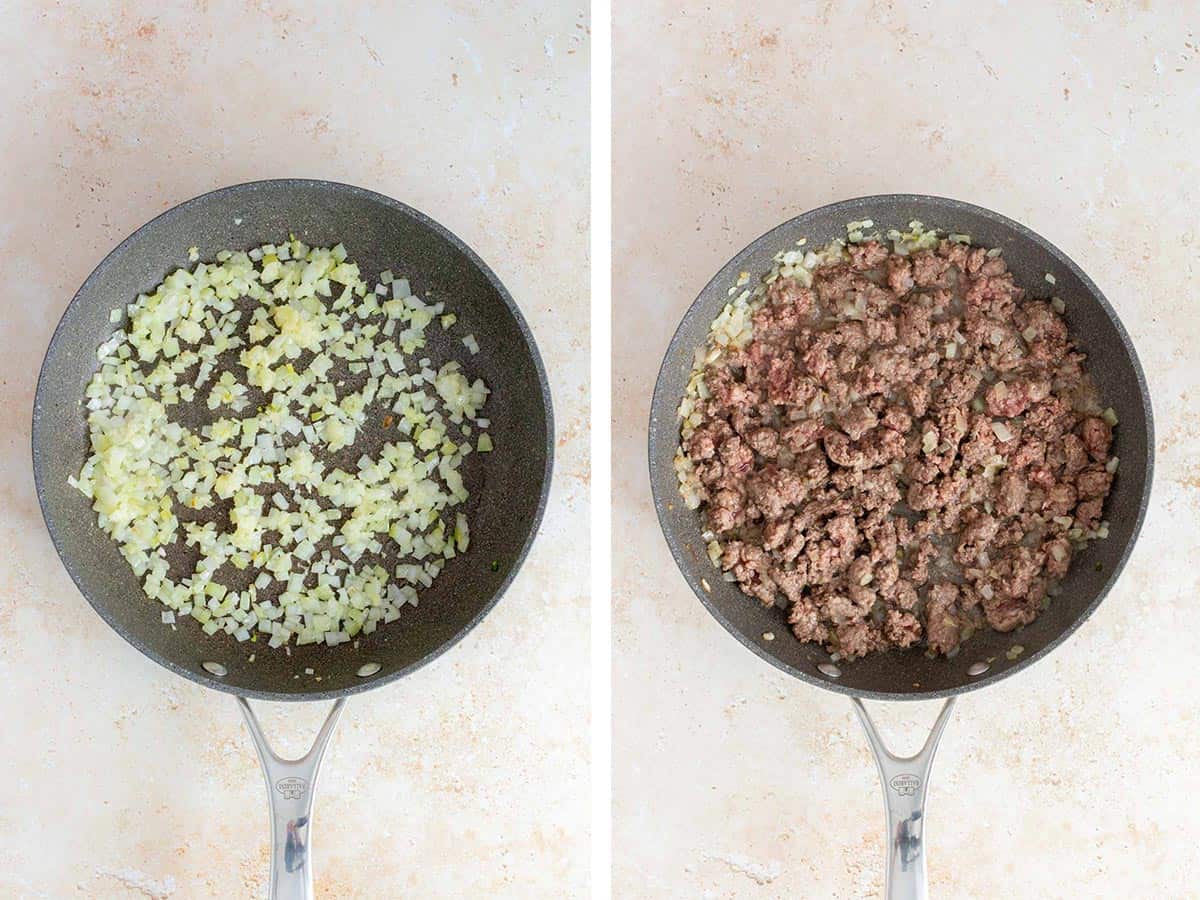 Set of two photos showing onions and ground beef cooked in a skillet.