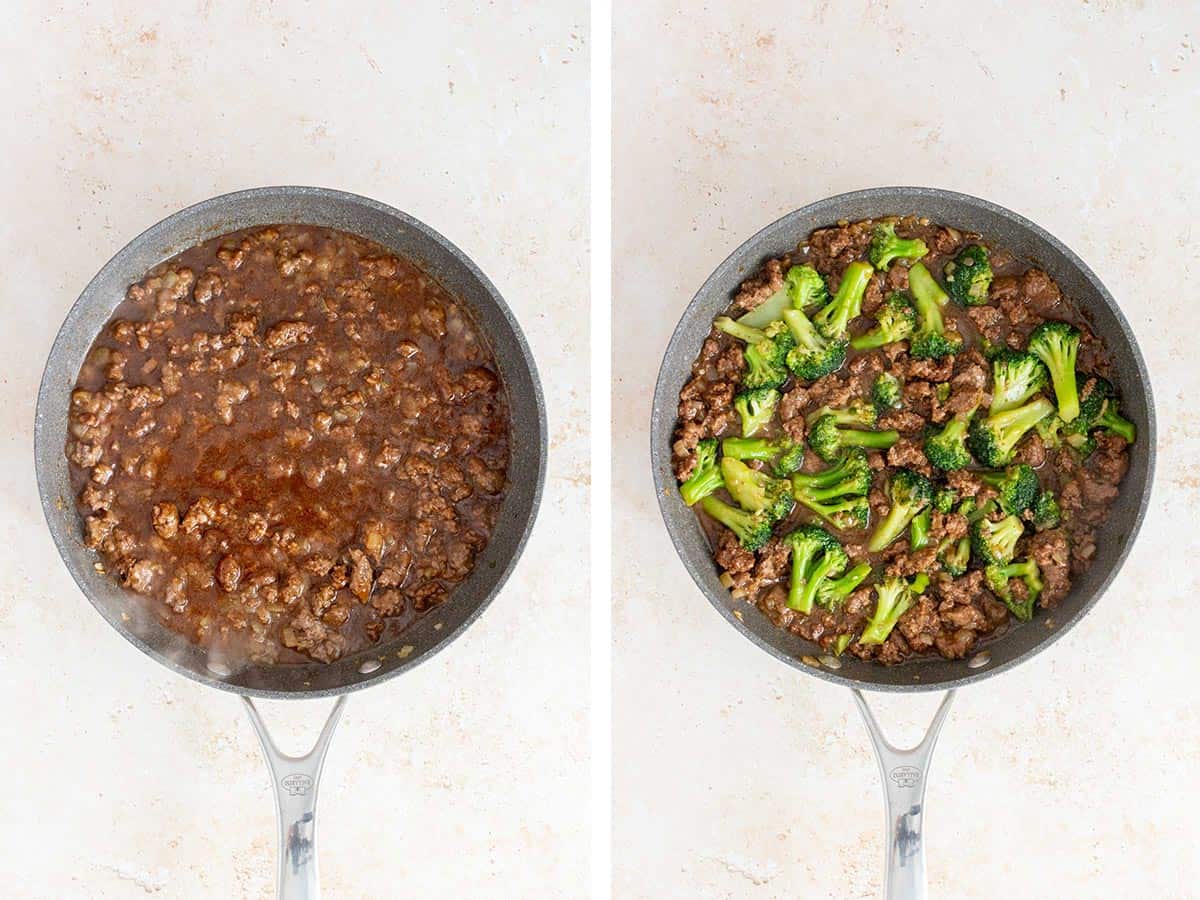 Set of two photos showing sauce added to the skillet and cooked down then broccoli added to the skillet.