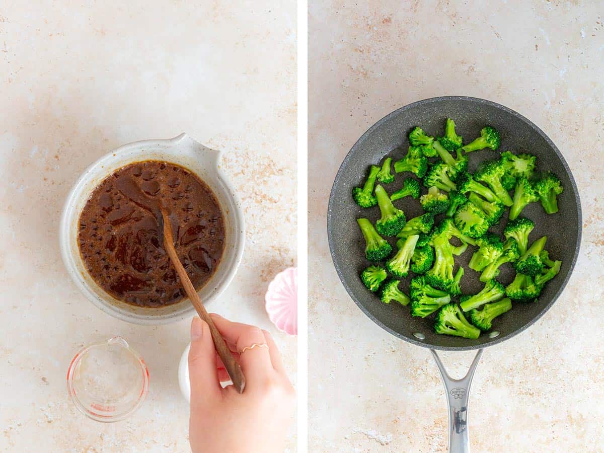 Set of two photos showing sauce stirred in a bowl and broccoli cooked in a skillet.