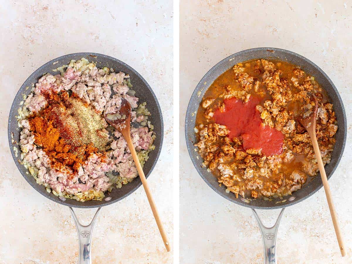 Set of two photos showing seasoning, broth, and tomato sauce added to the skillet.