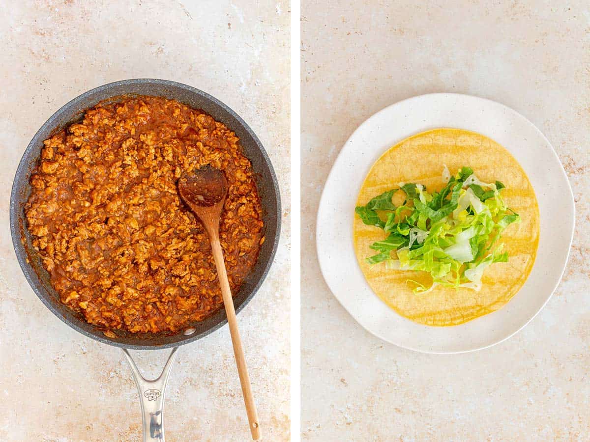 Set of two photos showing ground turkey cooked and lettuce added to a corn tortilla on a plate.
