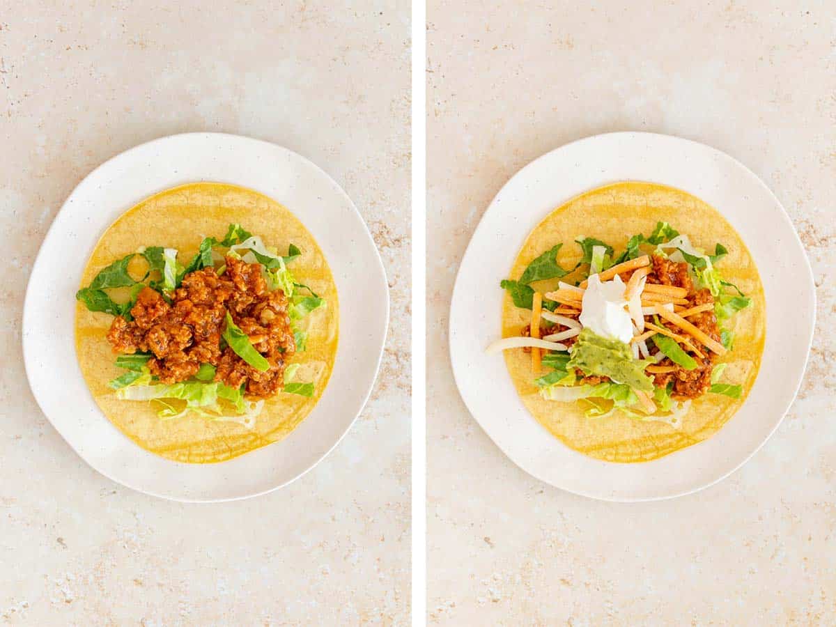 Set of two photos showing ground turkey taco meat added to the corn tortilla then topped with sour cream and guacamole.