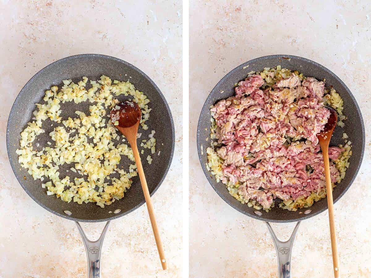 Set of two photos showing onions, garlic, and ground turkey cooked in a skillet.