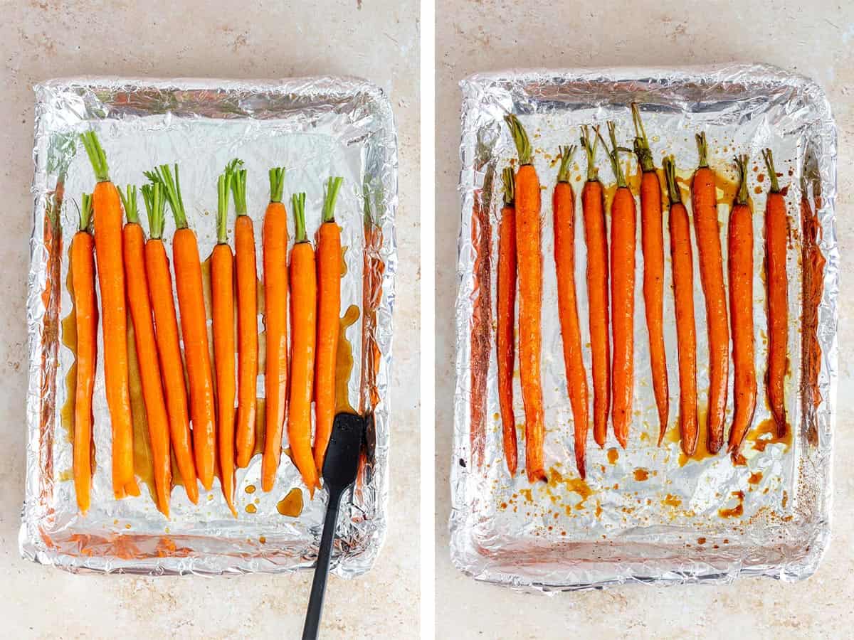 Set of two photos showing carrots coated in the maple glaze and then roasted.